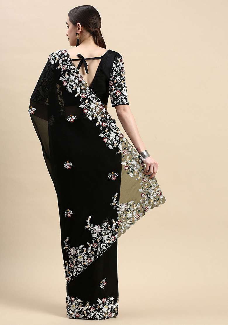 Black Embroidered Georgette Saree Set for Diwali and Festive Wear - Indya