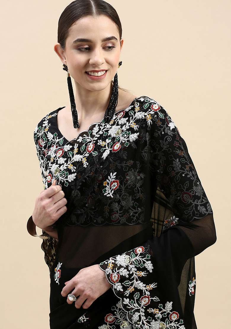 Black Embroidered Georgette Saree Set for Diwali and Festive Wear - Indya