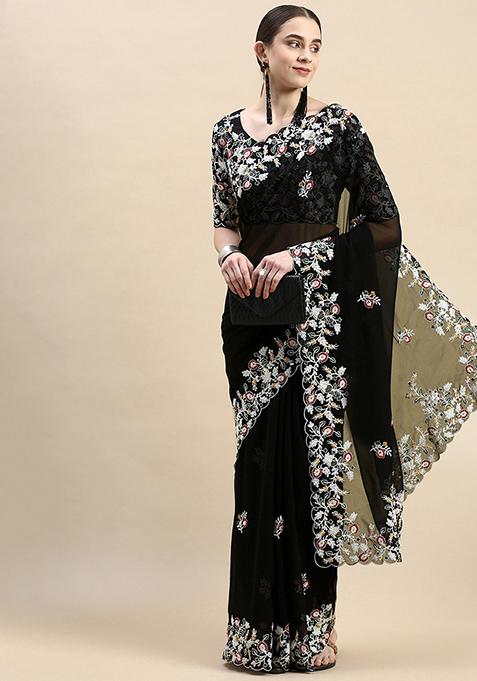 Black Embroidered Georgette Saree Set