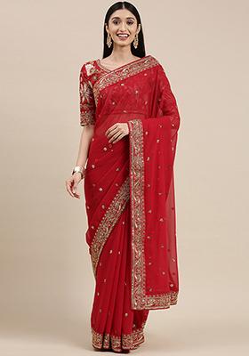 Red Sequin Embroidered Georgette Saree Set