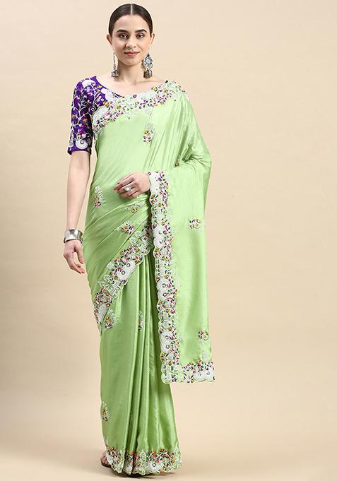 Pista Green Embroidered Silk Saree Set