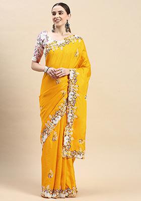 Yellow Embroidered Silk Saree Set