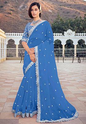 Blue Sequin Embroidered Organza Silk Saree Set
