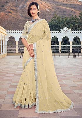 Chiku Brown Sequin Embroidered Organza Silk Saree Set