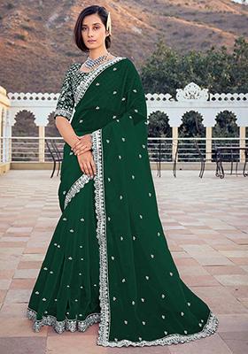Green Sequin Embroidered Organza Silk Saree Set