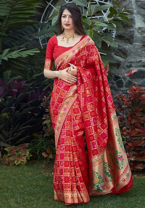 Red Jacquard Silk Saree Set