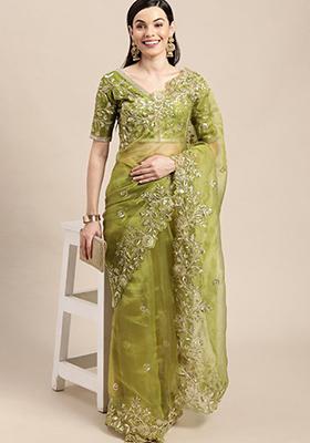 Olive Green Embroidered Soft Organza Saree Set