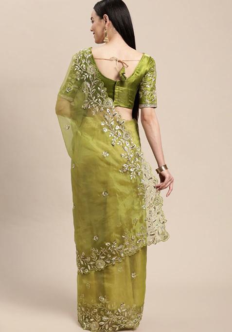 Olive Green Embroidered Soft Organza Saree Set