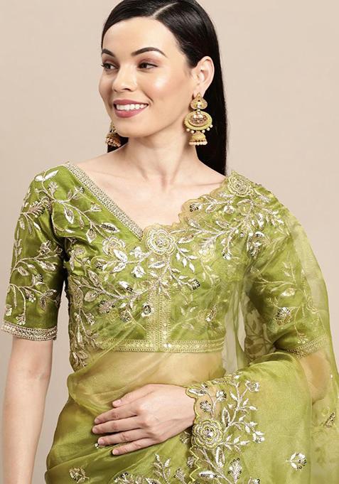 Olive Green Embroidered Soft Organza Saree Set