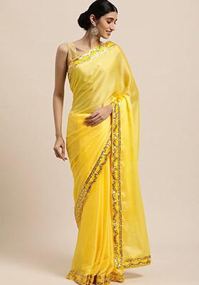 Yellow Sequin Embroidered Chiffon Saree Set