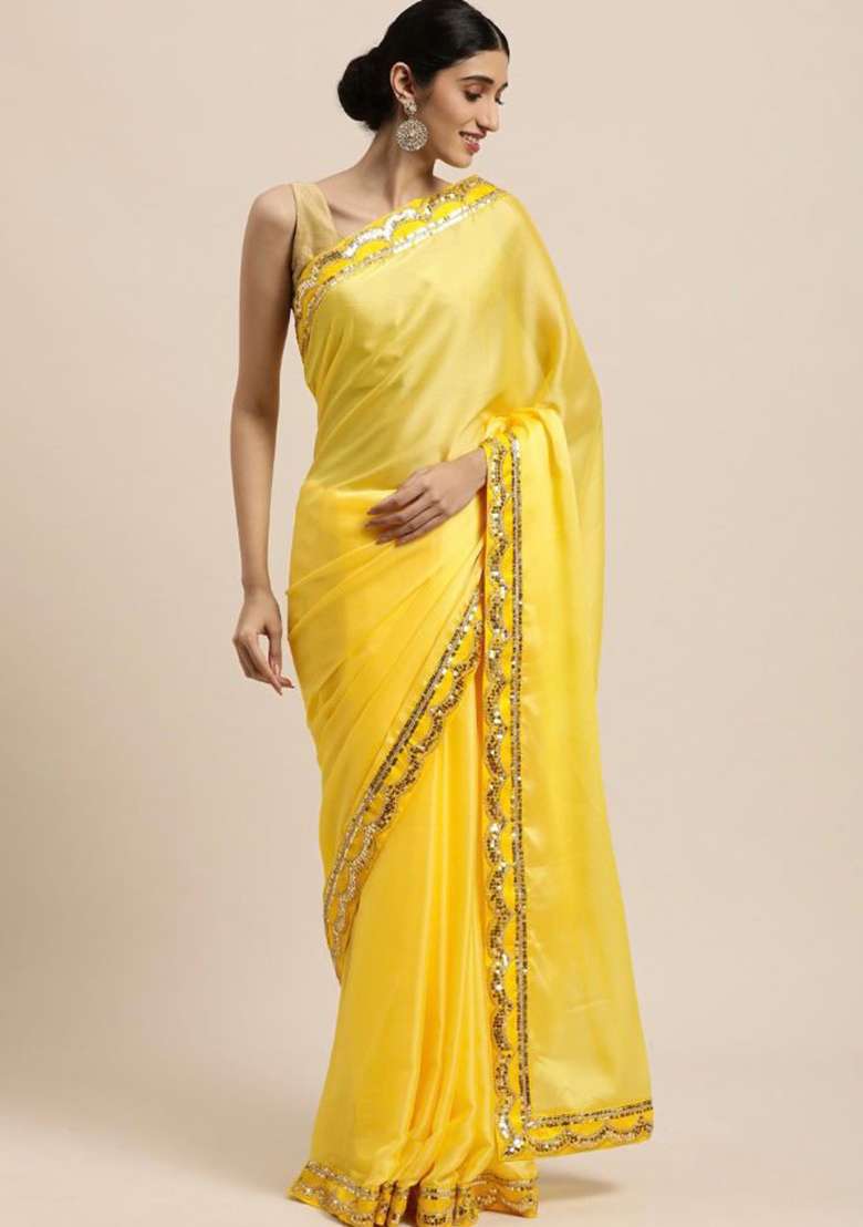 Yellow Sequin Embroidered Chiffon Saree Set for Diwali and Festive Wear - Indya