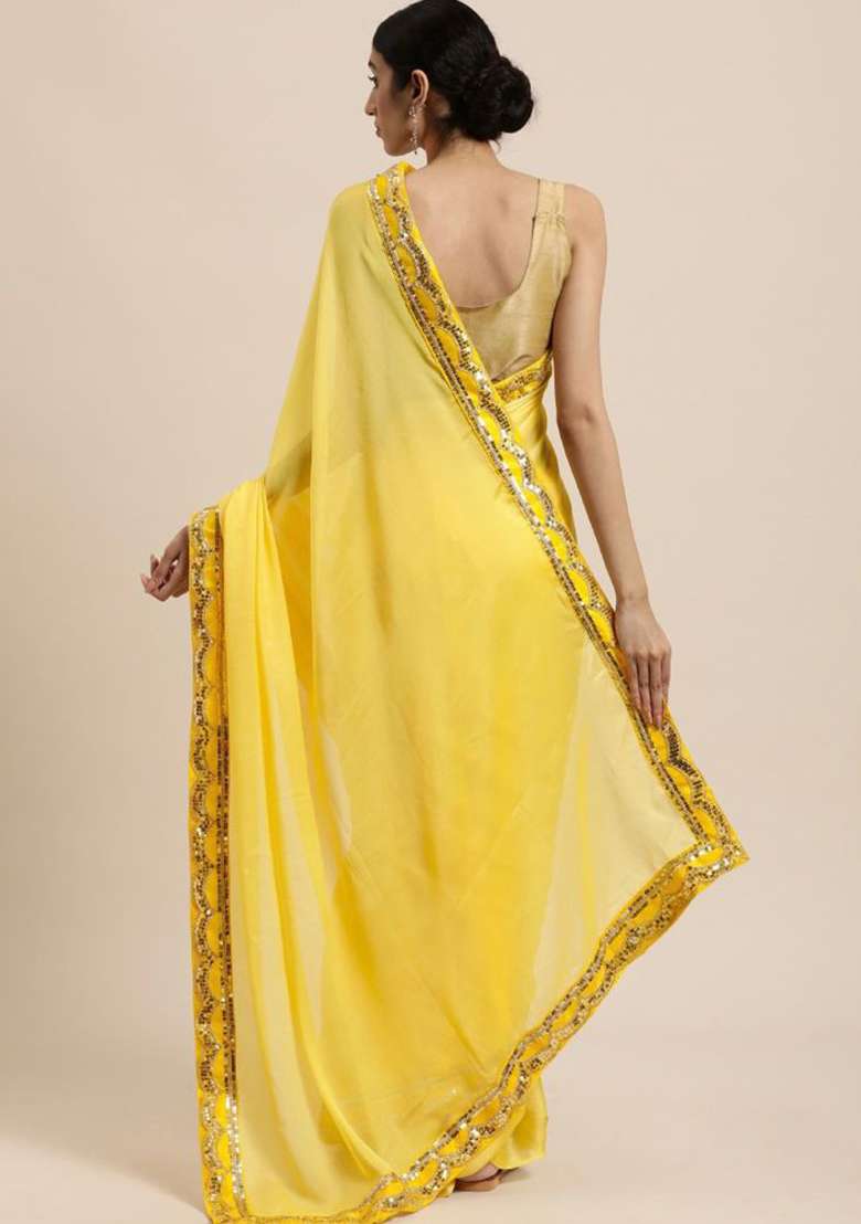Yellow Sequin Embroidered Chiffon Saree Set for Diwali and Festive Wear - Indya