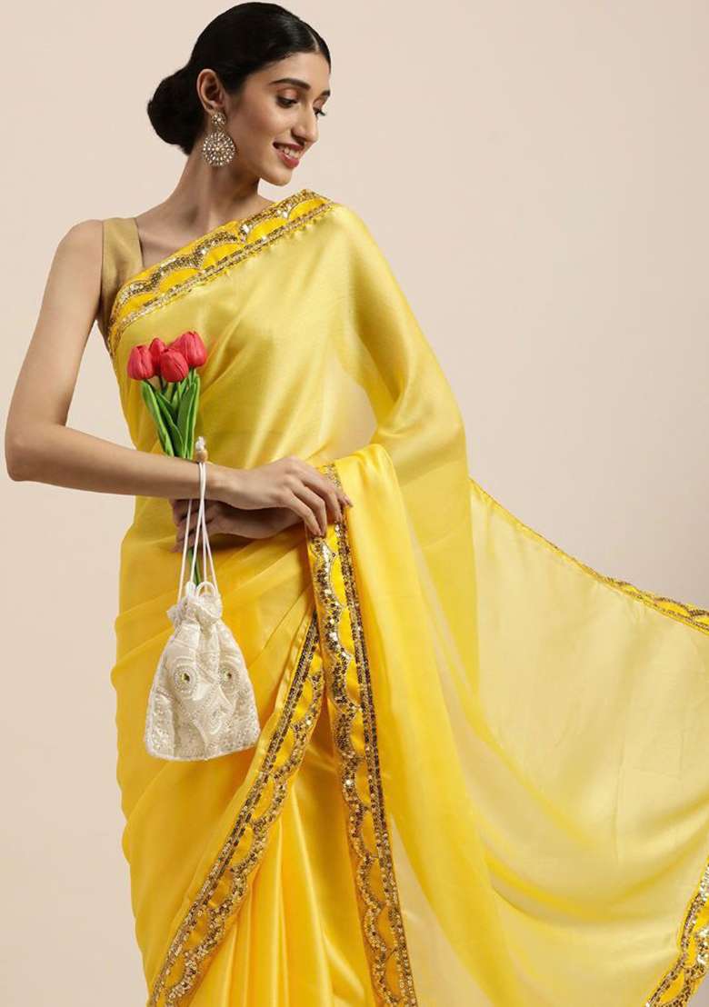 Yellow Sequin Embroidered Chiffon Saree Set for Diwali and Festive Wear - Indya