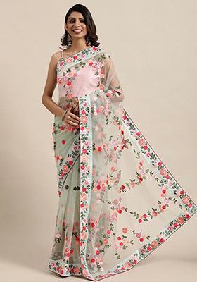 Sky Blue Embroidered Soft Net Saree Set