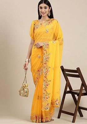 Yellow Sequin Embroidered Georgette Saree Set