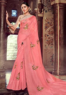 Pink Embroidered Linen Saree Set