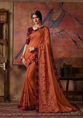 Orange Embroidered Silk Saree Set