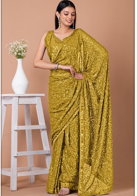 Yellow Sequin Embroidered Georgette Saree Set