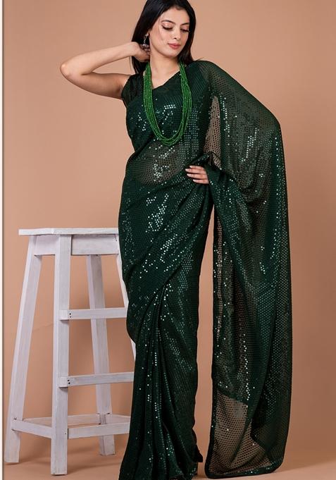 Green Sequin Embellished Georgette Saree Set