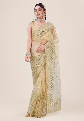 Golden Sequin Embellished Net Saree Set