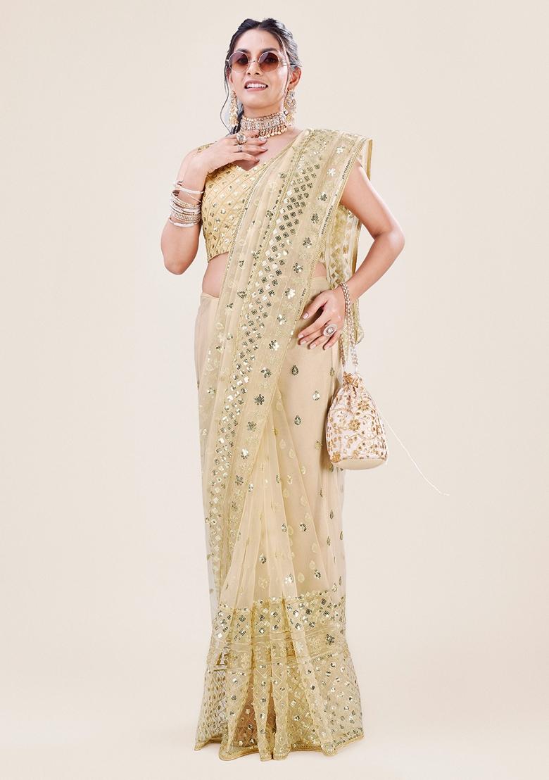 Golden Sequin Embellished Net Saree Set