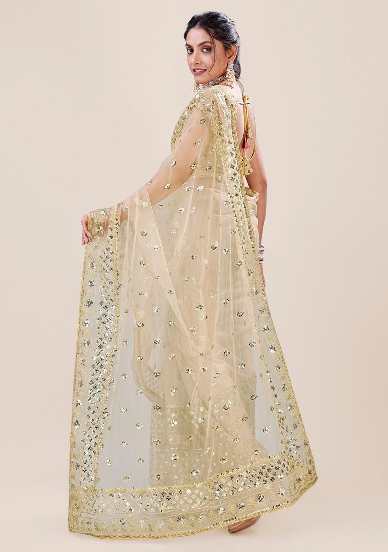Golden Sequin Embellished Net Saree Set