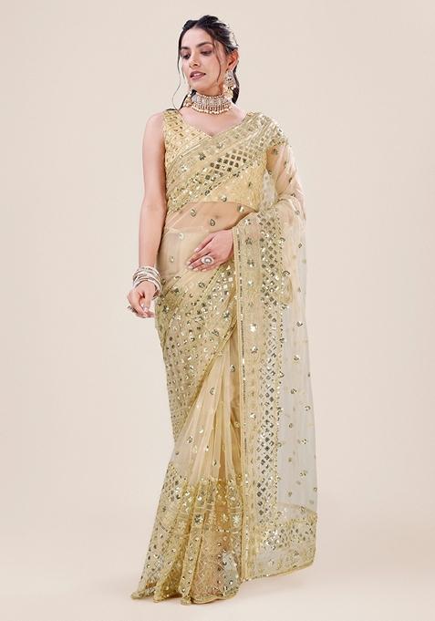 Golden Sequin Embellished Net Saree Set