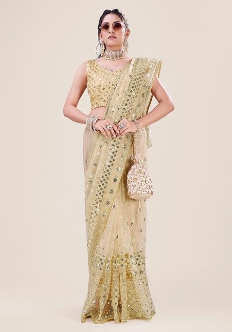 Golden Sequin Embellished Net Saree Set