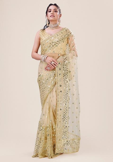Golden Sequin Embellished Net Saree Set