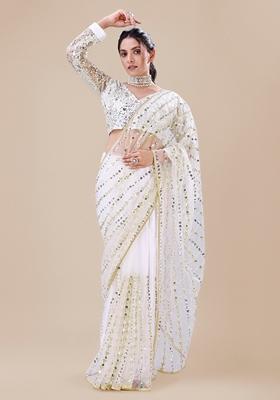 White Sequin Embellished Net Saree Set