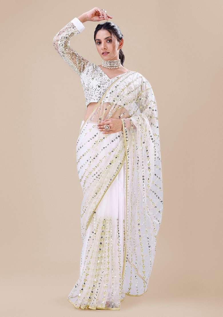 White Embellished Net Saree Set with Sequin for Diwali | Wedding & Festive Wear - Indya