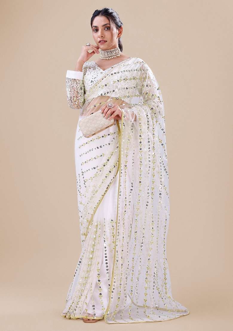 White Embellished Net Saree Set with Sequin for Diwali | Wedding & Festive Wear - Indya