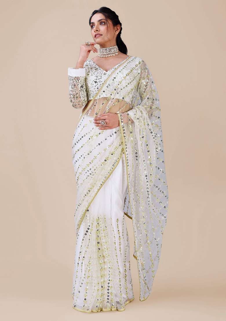 White Embellished Net Saree Set with Sequin for Diwali | Wedding & Festive Wear - Indya