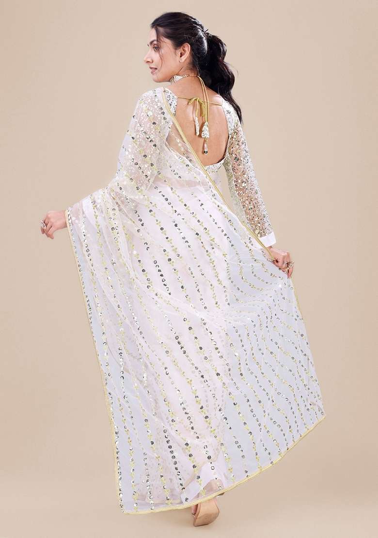 White Embellished Net Saree Set with Sequin for Diwali | Wedding & Festive Wear - Indya