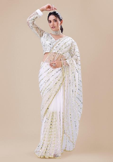 White Sequin Embellished Net Saree Set