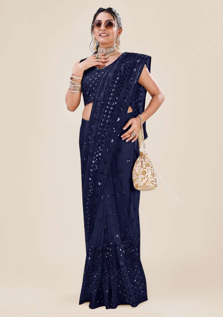 Navy Blue Sequin Embellished Net Saree Set for Diwali and Festive Wear - Indya