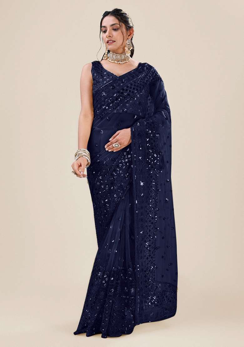 Navy Blue Sequin Embellished Net Saree Set for Diwali and Festive Wear - Indya