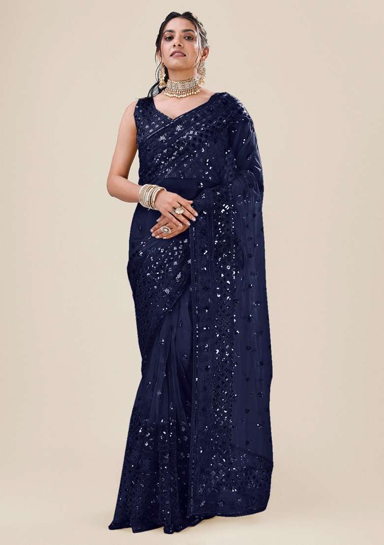 Navy Blue Sequin Embellished Net Saree Set for Diwali and Festive Wear - Indya