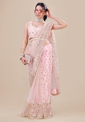 Pink Sequin Embellished Net Saree Set