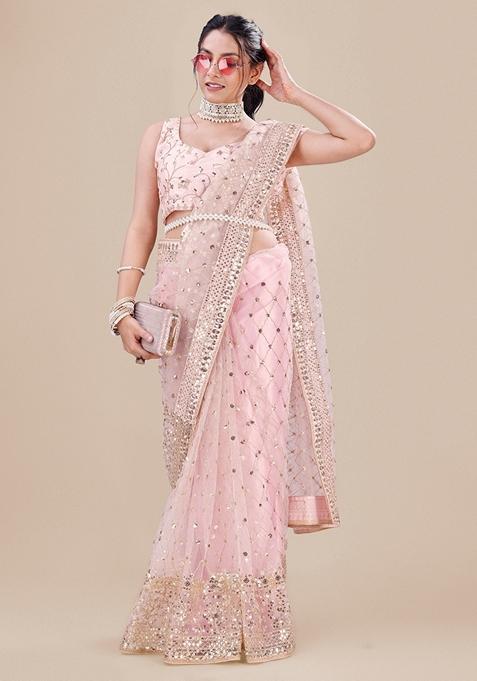 Pink Sequin Embellished Net Saree Set