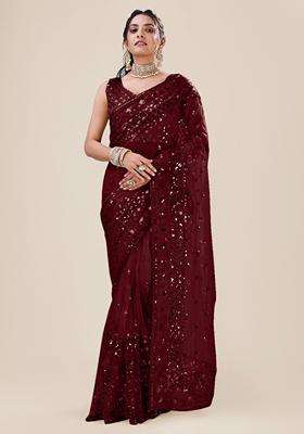 Maroon Sequin Embellished Net Saree Set