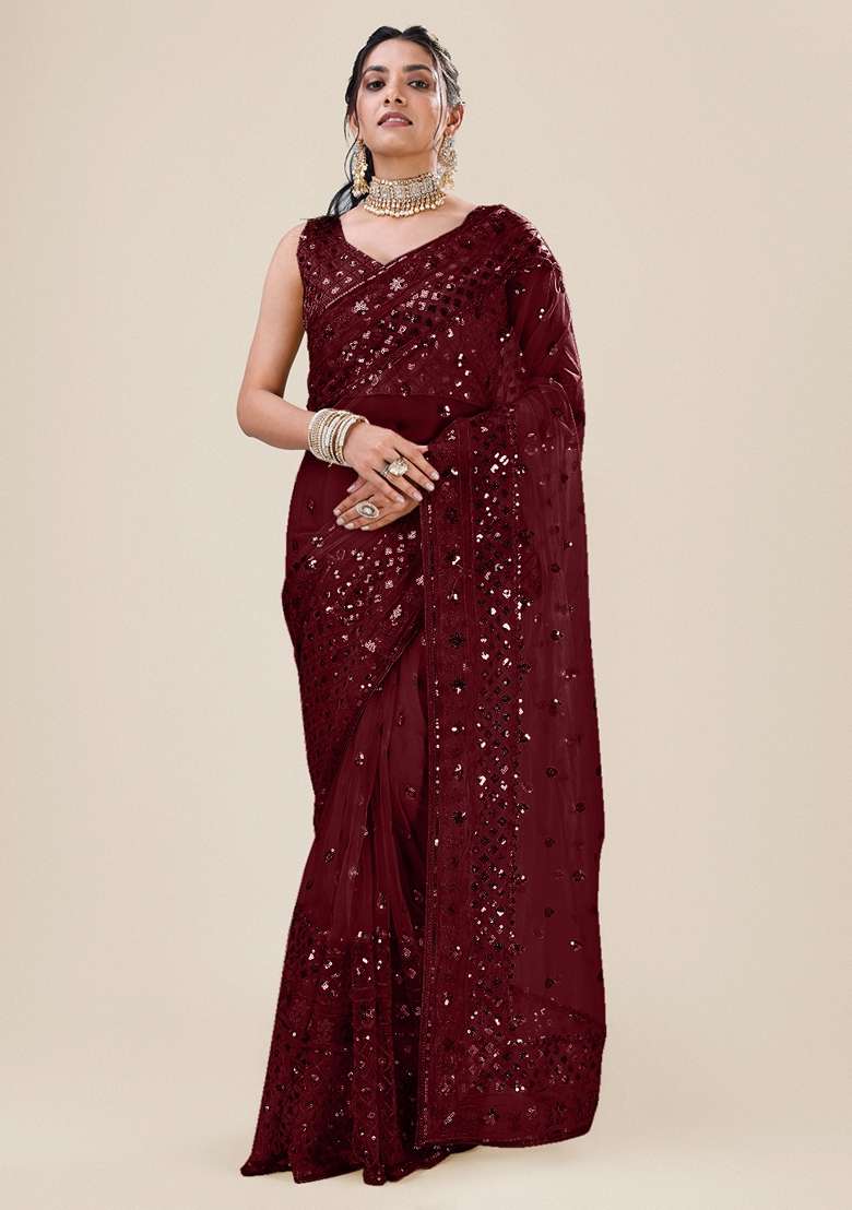 Maroon Sequin Embellished Net Saree Set for Diwali and Festive Wear - Indya