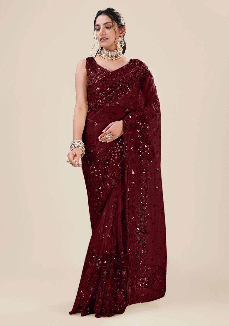 Maroon Sequin Embellished Net Saree Set for Diwali and Festive Wear - Indya