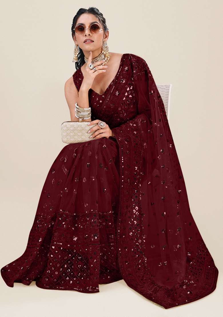 Maroon Sequin Embellished Net Saree Set for Diwali and Festive Wear - Indya