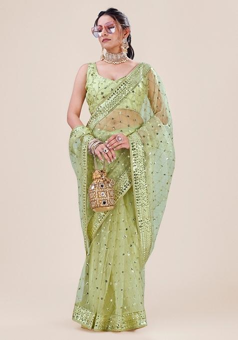 Green Sequin Embellished Net Saree Set
