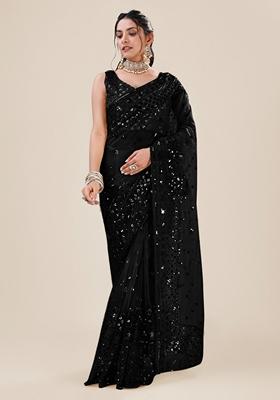 Black Sequin Embellished Net Saree Set