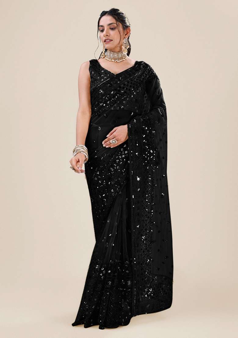 Black Embellished Net Saree Set with Sequin for Diwali | Wedding & Festive Wear - Indya