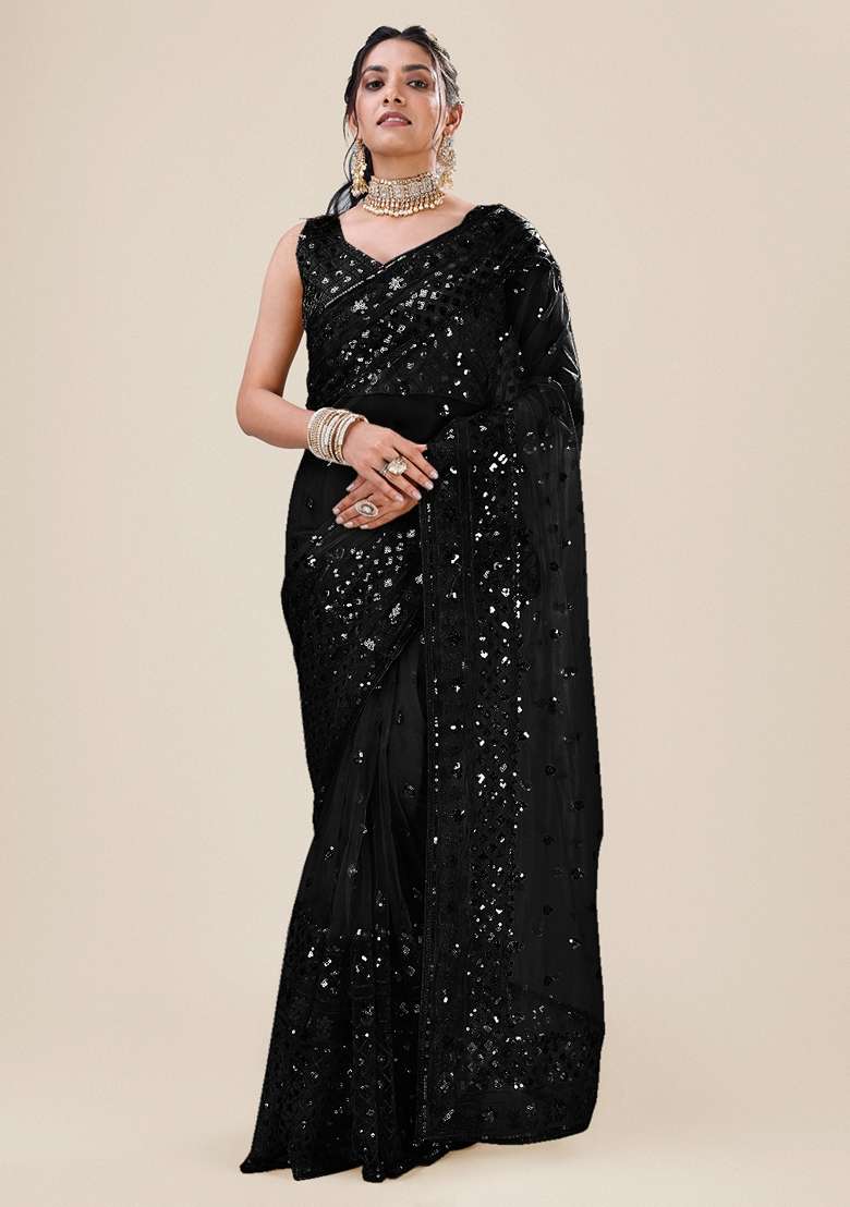 Black Embellished Net Saree Set with Sequin for Diwali | Wedding & Festive Wear - Indya