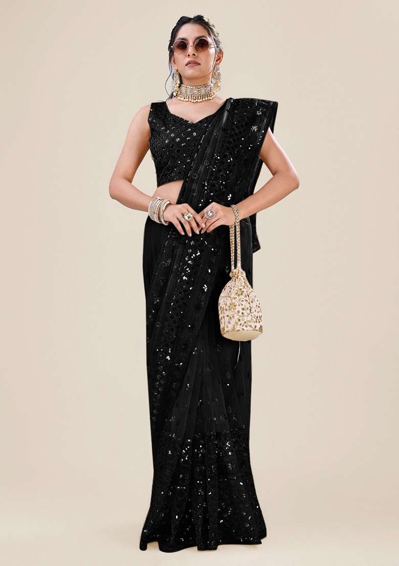 Black Embellished Net Saree Set with Sequin for Diwali | Wedding & Festive Wear - Indya