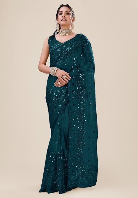 Teal Sequin Embellished Net Saree Set